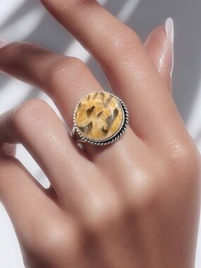Hand crafted Pegmatite‎ gemstone ring silver plated, stamped 925 size 8